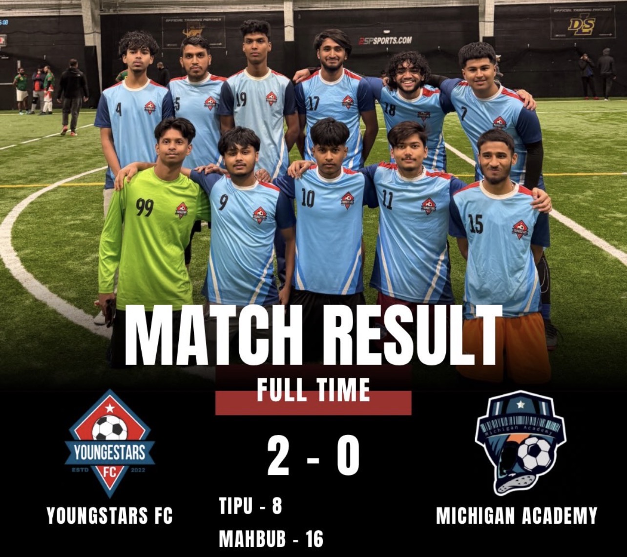 Youngstars FC 2–0 Michigan Academy — match result graphic
